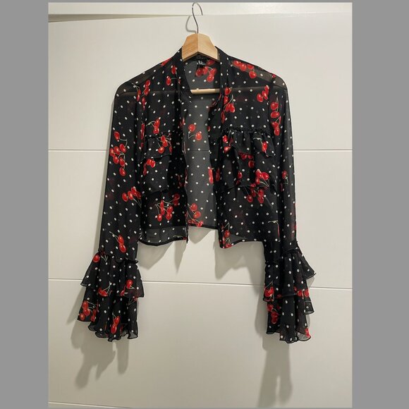 Cute Print Polka Dot Cherry Ruffle Longsleeve Semi Sheer Blouse - Picture 1 of 4